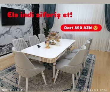 Masa və oturacaq dəstləri: Qonaq otağı üçün, Yeni, Açılmayan, Dördbucaq masa, 6 stul — 21