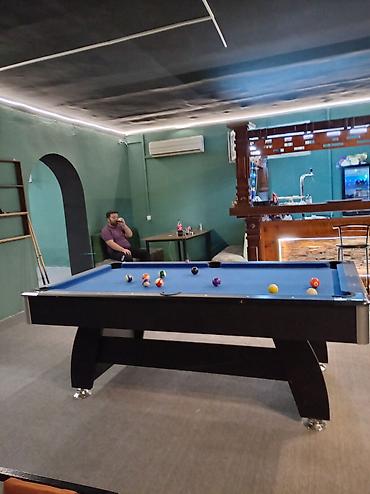 bilyard stolu: Bilard (pool) masası – mavi örtüklü, 6 dəlikli - Ölçü: tam ölçülü — 3