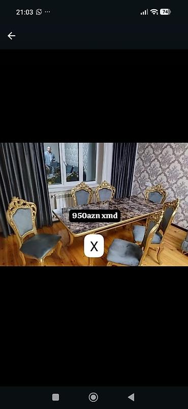 - Klassik üslubda yemək otağı dəsti: 1 masa + 6 stul - Masa: mərmər