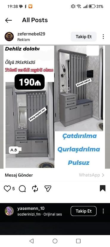 sutullar: Dehliz dolabı – giriş üçün praktiki və estetik həll. Ölçü: 195x95x35 — 1