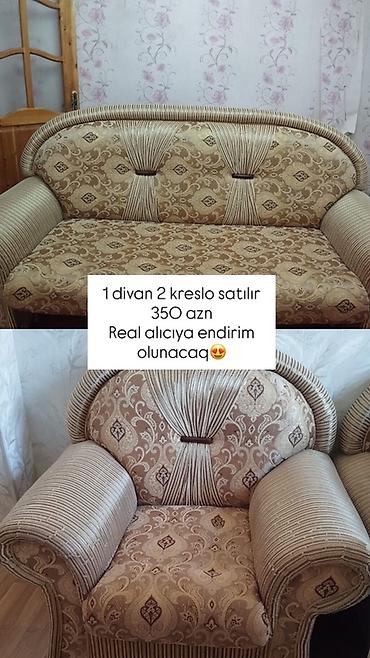 ikinci el metbex mebeli: 1 divan + 2 kreslo dəsti - Klassik üslubda, bej-qəhvəyi naxışlı parça — 1