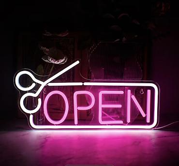 sobne fotelje: LED neonski natpis “OPEN” sa makazama - Dimenzije: 40 x 20 cm (15.7 x — 4