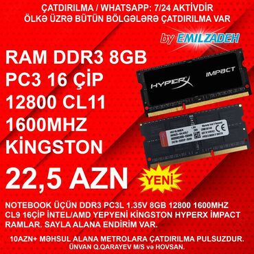 Operativ yaddaş (RAM): Operativ yaddaş (RAM) HyperX, 8 GB, 1600 Mhz, DDR3, Noutbuk üçün, Yeni