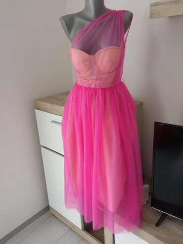 haljine od satena za punije dame: S (EU 36), bоја - Roze, Večernji, maturski, Top (bez rukava)