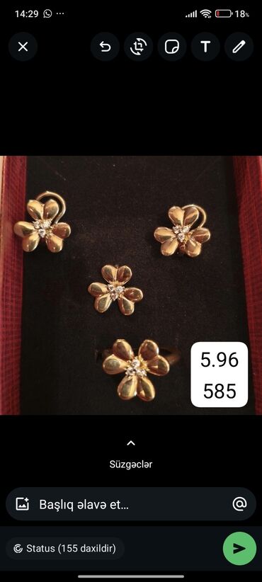 Dəstə daxildir: Üzük, Sırğa, Kulon, Sarı qızıl, 585 Əyar, 596 g