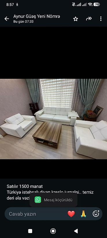 Satılır 1500 manat Türkiyə istehsalı divan kreslo jurnalni. temiz