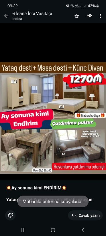 Sifarişlə digər mebel: *💥Ay sonuna kimi ENDİRİM💥* *Yataq dəsti + Künc divan + Masa dəsti