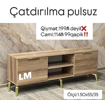 TV altlığı: Mebel TV stendi – müasir dizayn, taxta teksturalı korpus, qızılı — 1