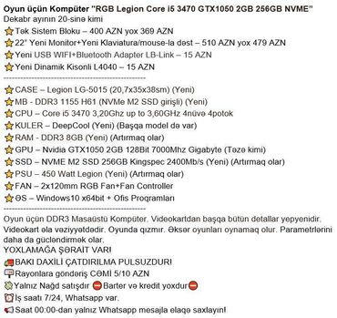 Masaüstü kompüterlər və iş stansiyaları: Oyun üçün Kompüter "RGB Legion Core i5 3470 GTX1050 2GB 256GB NVME” — 2