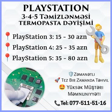 playstation temiri: PS3/PS4/PS5 Təmizlənməsi və Termopasta Dəyişimi. Bütün növ xidmətlər