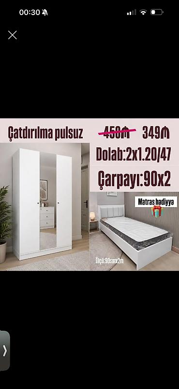 Yataq otağı dəsti – ağ rəng Tərkib: - Dolab: 3 qapılı, orta hissədə