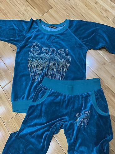 sport geyimler: Mavi rəngli iki hissəli velür idman dəsti - Material: yumşaq, parlaq — 1