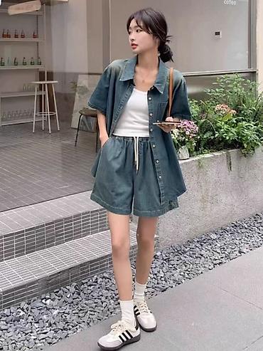 Костюмы с шортами: Джинсовый комплект: рубашка с коротким рукавом + шорты 😍😍😍 стильная — 35