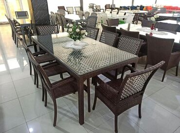 Bağ, çöl masa və oturacaq dəstləri: Kvadrat masa, Açılmayan, Stullar ilə, Həsir toxunuşlu — 8