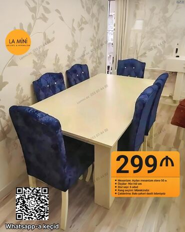 стол кухонный: Açılan, Dördbucaq masa, 6 stul