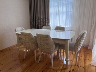 masa dest: Qonaq otağı üçün, İşlənmiş, Açılan, Dördbucaq masa, 6 stul, Türkiyə
