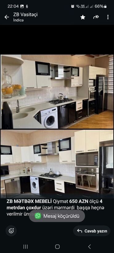 2ci el metbex mebel: *ZB* *MƏTBƏX MEBELİ* Qiymət *650 AZN* ölçü *4 metrdən çoxdur* üzəri