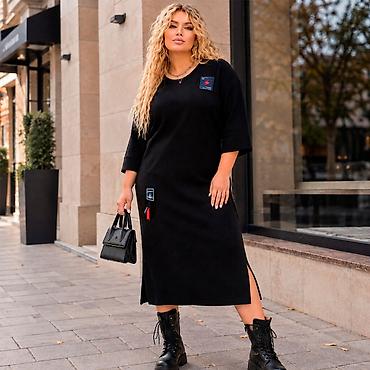 Повседневное платье, Осень-весна, Длинная модель, Трикотаж, Прямое, 3XL, 4XL, 5XL