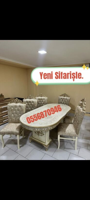 Masa və oturacaq dəstləri: Qonaq otağı üçün, Yeni, Açılmayan, Dördbucaq masa, 6 stul — 8