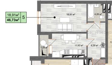отделка квартир: 1 комната, 47 м², Индивидуалка, 13 этаж, Косметический ремонт