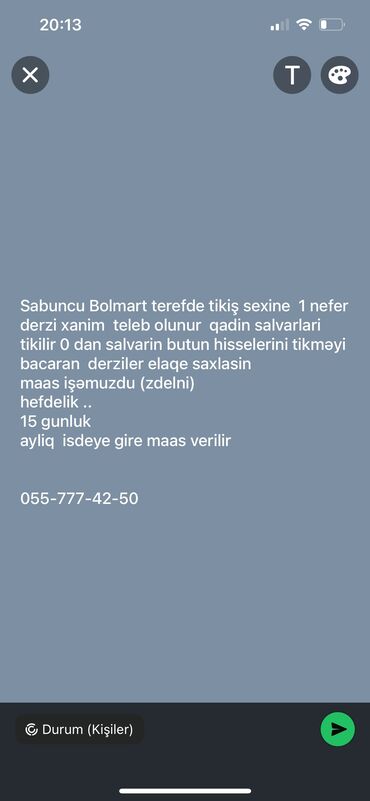 Dərzilər: Dərzi tələb olunur, 1-2 illik təcrübə, 1/1, Həftəlik ödəniş