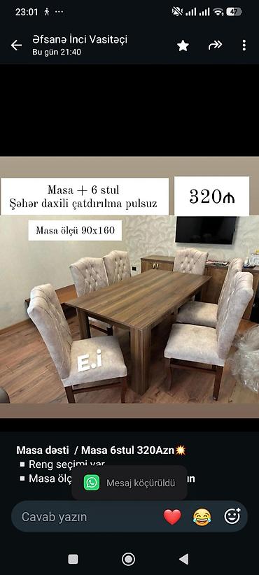 Sifarişlə mebel: *Masa dəsti / Masa 6stul 320Azn💥* ▫️Reng seçimi var ▫️Masa ölçü — 1