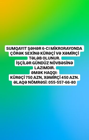 qəbələdə iş elanları 2023: Sumqayit şəhər 6-ci mi̇krorayonda çörək sexi̇nə kürəçi̇ və xəmi̇rçi̇