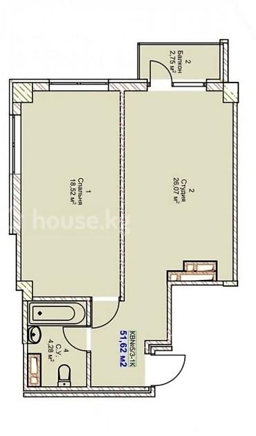 Продажа квартир: 1 комната, 52 м², Аламедин-1 мкр Элитка, 6 этаж, ПСО (под самоотделку) — 2