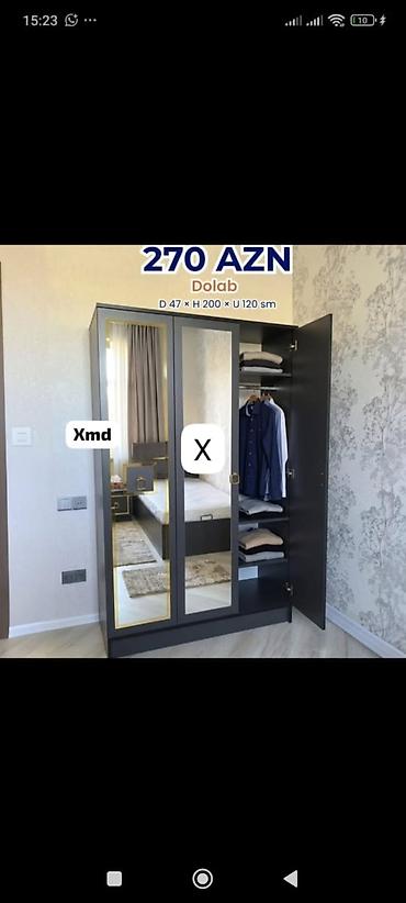 desmal: Dolab – 270 AZN Ölçülər: D 47 × H 200 × U 120 sm - 3 qapılı, ortada — 1