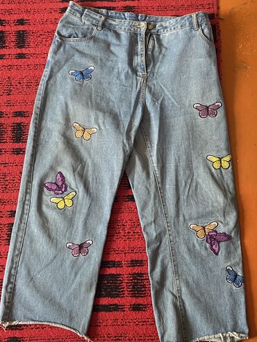 джинсы с подтяжками: Прямые, Shein, Средняя талия, С вышивкой