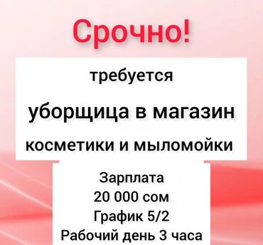 сегодня вакансии уборщицы в бишкеке: Талап кылынат Тазалоочу, Офис, Иш тартиби: Беш күндүк, Толук эмес жумуш күнү