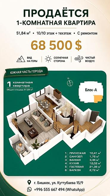 1 комната, 52 м², АУЦА Элитка, 10 этаж, Свежий ремонт