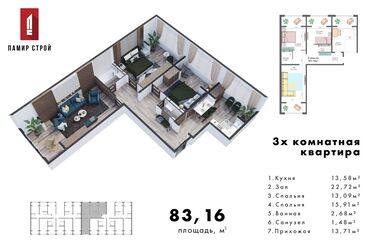 Продажа квартир: 3 комнаты, 83 м², Элитка, 5 этаж, ПСО (под самоотделку)