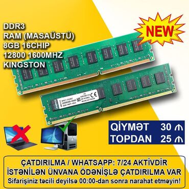 ucuz kompüterlər: Operativ yaddaş (RAM) Kingston, 8 GB, 1600 Mhz, DDR3, PC üçün, Yeni