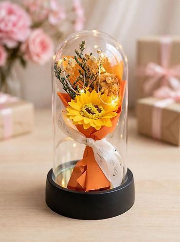 Вечный букет под куполом с подсветкой - Подсолнух 🌻 Подарок Трендовый