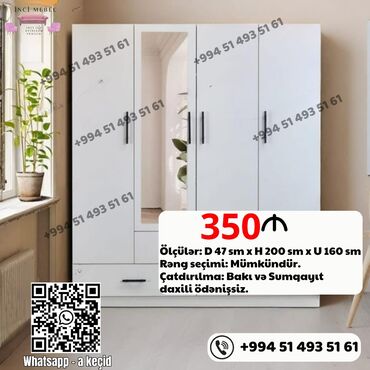 прихожая мебель: Yeni, Açılan, 4 qapılı Düz dolab, Qarderob, paltar dolabı, Azərbaycan