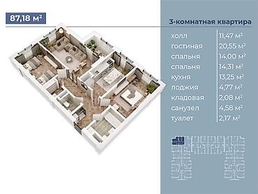 2 8: 3 комнаты, 85 м², 5 этаж, ПСО (под самоотделку) — 1