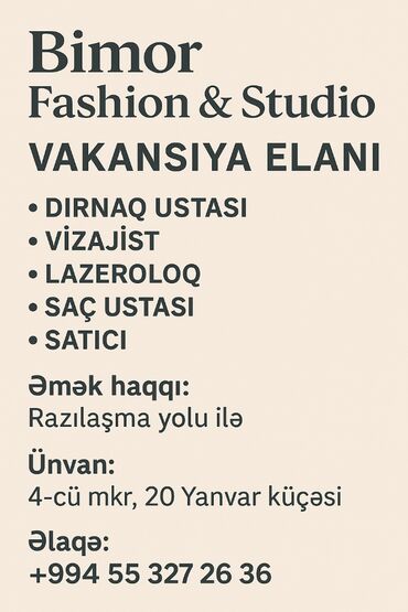 20 yanvar iş elanları: Lazer ustası tələb olunur, Fiks edilmiş ödəniş, 1 ildən az təcrübə, Rəsmi işədüzəltmə