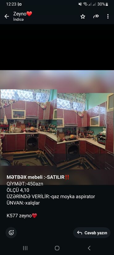 кухня мебель: *MƏTBƏX mebeli :-SATILIR*‼️ QİYMƏT:-450azn ÖLÇÜ 4,10 ÜZƏRİNDƏ