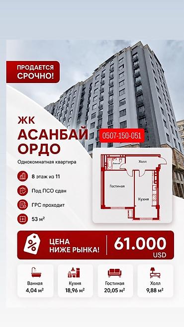11: 1 комната, 53 м², Асанбай мкр Элитка, 8 этаж, ПСО (под самоотделку) — 1