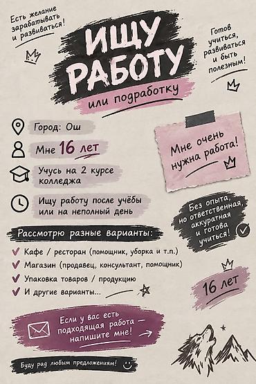 сушист работа: Ищу работу или подработку в г. Ош. О себе: - 16 лет, учусь на 2 курсе — 1