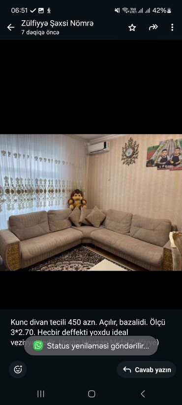 Yataq otağı dəstləri: Künc divan, İşlənmiş, Çatdırılma yoxdur