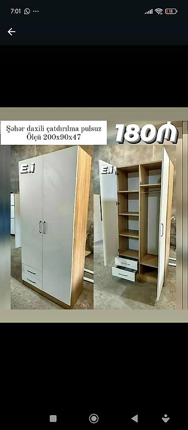 siyirmeli dolablar: İkiqapılı paltar şkafı, ölçüsü 200x90x47 sm. Şkafın daxilində paltar — 1