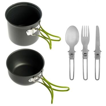 походный чайник: Набор посуды туристический: 2 кастрюли, вилка, ложка, нож Бесплатная