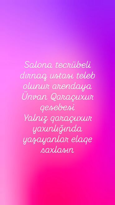 Taksi, logistika, çatdırılma: Dırnaq ustası tələb olunur, Yerin icarəsi, 3-5 illik təcrübə, Materialların təqdim olunması