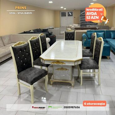 Masa və oturacaq dəstləri: Qonaq otağı üçün, Yeni, Açılmayan, Dördbucaq masa, 6 stul — 6