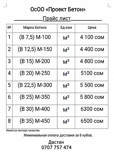 m100: Бетон от ОсОО «Проект Бетон». Марки и цены за м³: - (B 7,5) M-100 — 4 — 1
