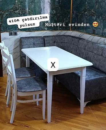 ağ divan: Mətbəx üçün künc dəsti - 1 ədəd düzbucaqlı ağ masa - 2 ədəd ağ taxta — 1