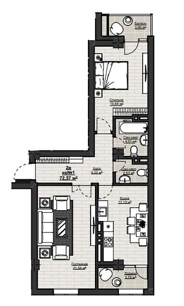 57: 2 комнаты, 72 м², АУЦА Элитка, 12 этаж, ПСО (под самоотделку) — 3