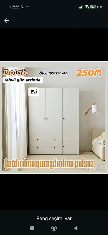 Məhsul: Dolab Ölçü: 195 x 120 x 45 sm Rəng seçimi var Təsvir: -